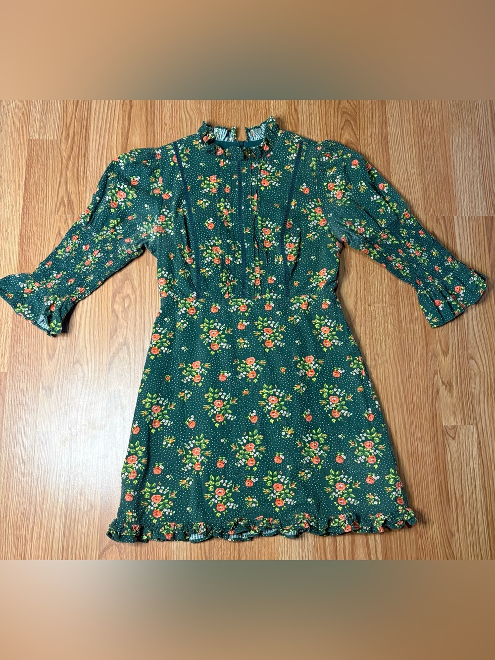Urban Outfitters Green Floral Long Sleeve Ruffle-Trim Dress